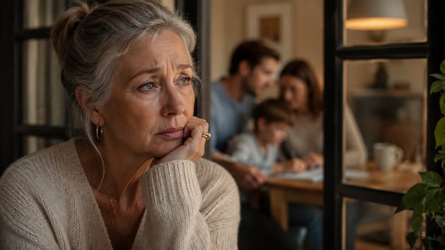 An older grandmother with gray hair looks thoughtful and sad while sitting by a window. In the background, a family explores their family dynamics as two parents and a child interact together at a table, slightly out of focus.