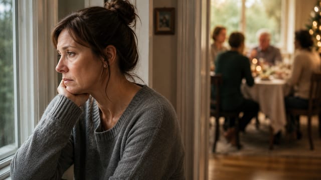 A woman in a gray sweater sits alone by a window, looking sad and thoughtful. In the background, a group gathers around a dining table, highlighting the pain of sibling estrangement and communication breakdown within family relationships.