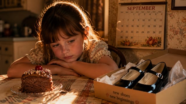 A young girl sits at a table, gazing sadly at a slice of chocolate cake and a box with new black shoes—a moment colored by scarcity. A September calendar hangs on the wall in the softly lit, nostalgic kitchen.