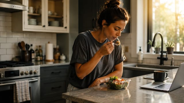 A woman sits on a kitchen counter, enjoying a salad from a plastic container with a fork. There is a laptop and mug nearby, as sunlight shines through the window—a glimpse into her lunch routines and daily eating habits.