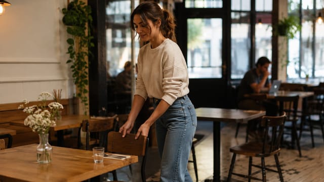 A woman in a white sweater and jeans smiles as she arranges a chair at a wooden table in a cozy café with natural light, plants, and someone working on a laptop—reflecting the warmth found in healthy relationships.