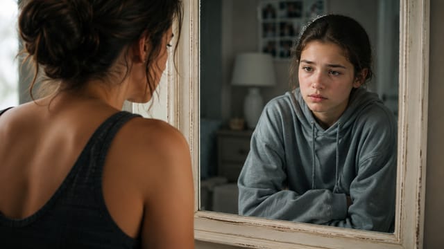 A young woman in a gray hoodie looks thoughtfully at her reflection, her serious expression hinting at an inner voice exploring self-worth. In the background, a blurred bedroom with a lamp and framed photos can be seen.