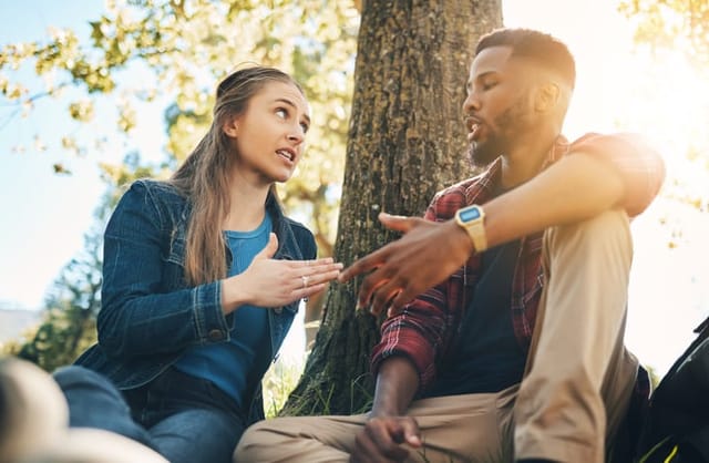 Conversation, argument and interracial couple in conflict in a park for communication about divorce. Angry, fight and black man and woman speaking about a relationship problem on a date in nature