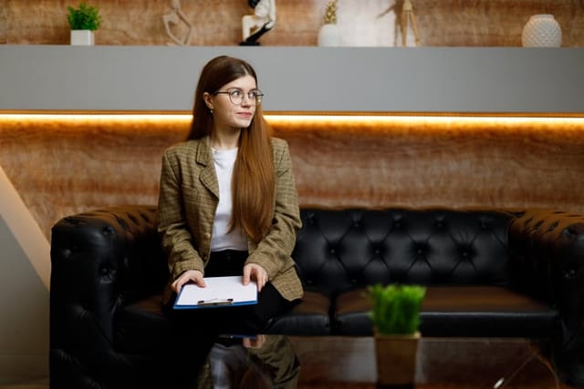 woman sitting alone before business meeting