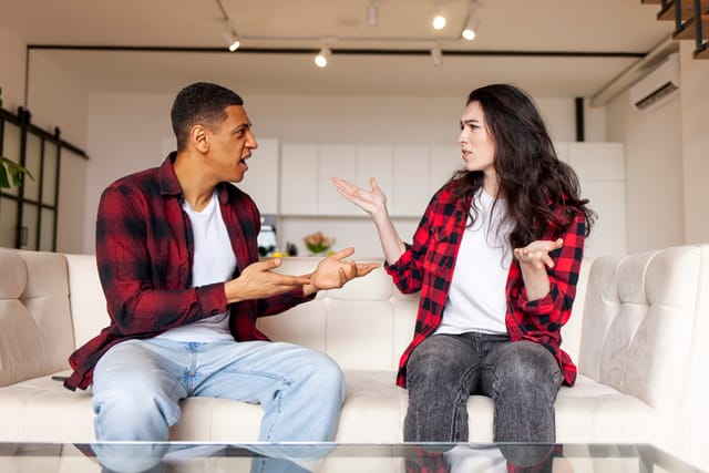 amily quarrel and scandal, young interracial married couple swear and conflict at home on the couch, relationship problems, husband yells at wife