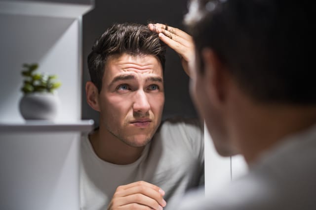 Worried man is looking his hair in the mirror.