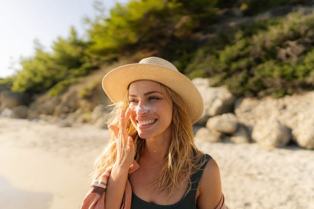 smiling woman in hat at the beach