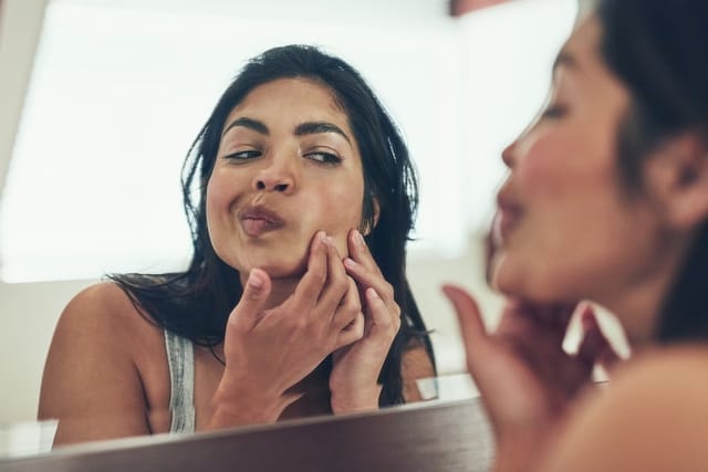 Woman looking at her pimple in the mirror.