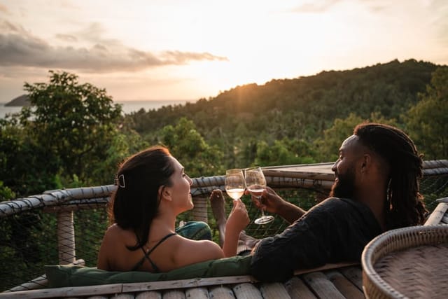 couple toasting wine outdoors