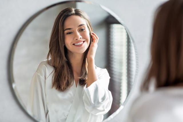 Attractive woman looking in the mirror.