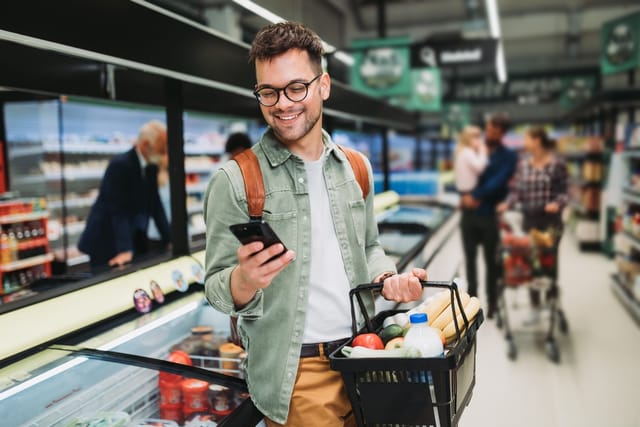 Young man buying groceries.