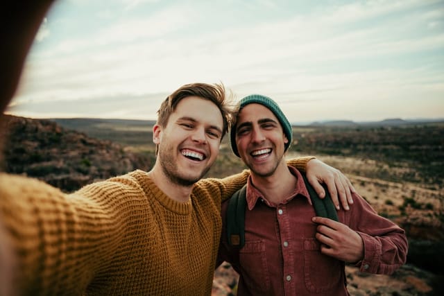Male friends on a hike.