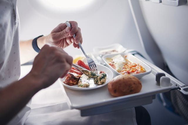Passenger inflight having meal on plane.
