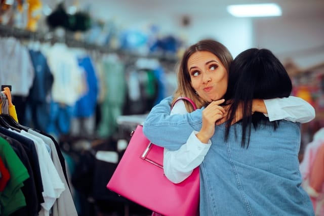 One woman giving another woman a fake hug.