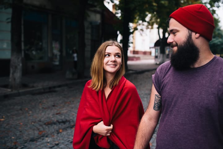 young couple happy walking romance