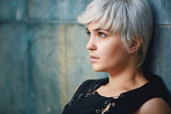 grey haired young woman