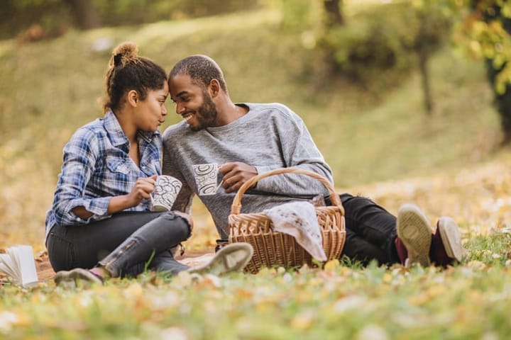 Happy black couple enjoying in their love on a picnic at the park.