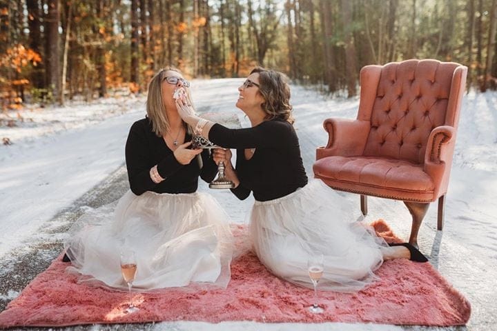Best Friends Celebrate Their 35th Birthday Together With A Prosecco And Cake Fight Photoshoot