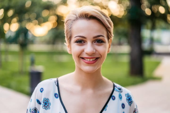 short blonde haired woman smiling outside