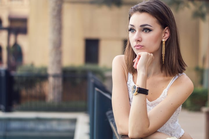 Horizontal portrait of young european model with bob cut hairstyle