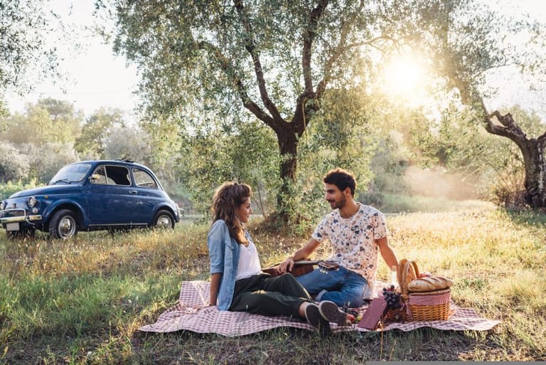 couple having picnic in sunny field