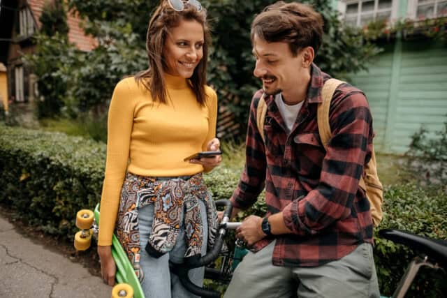 couple flirting on street
