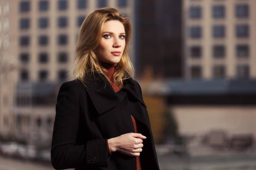 Fashion blond woman in black coat