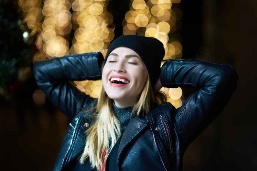 Blonde in leather smiling