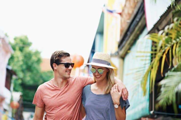 man woman couple romantic walking
