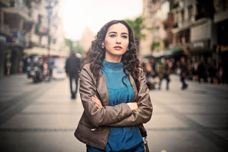 Brunette walking in street
