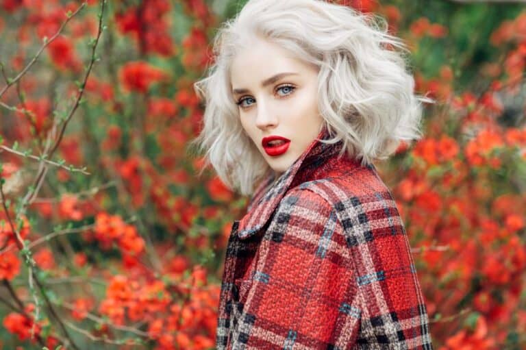 beautiful blonde woman flowers coat