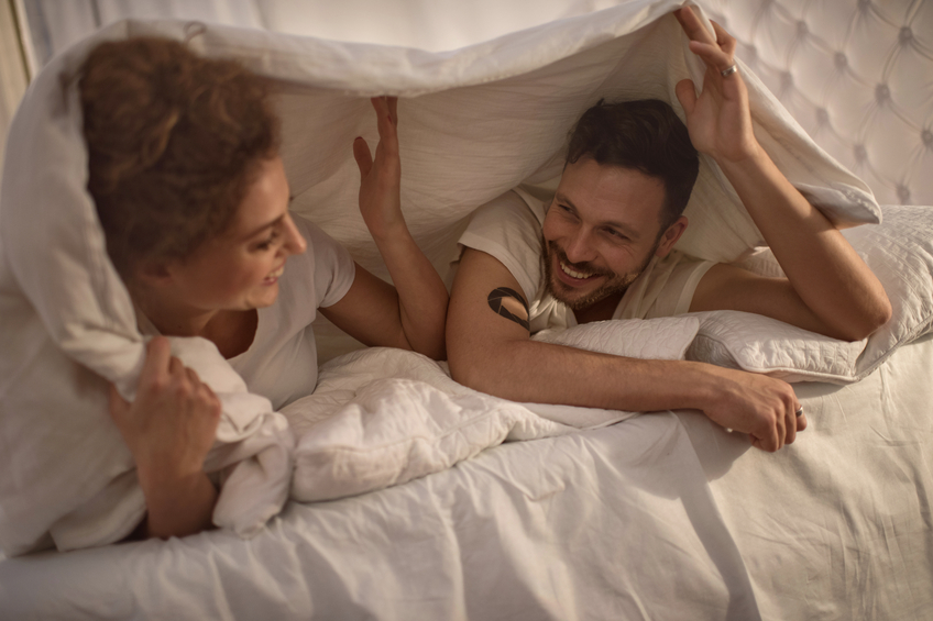 happy young couple bed close