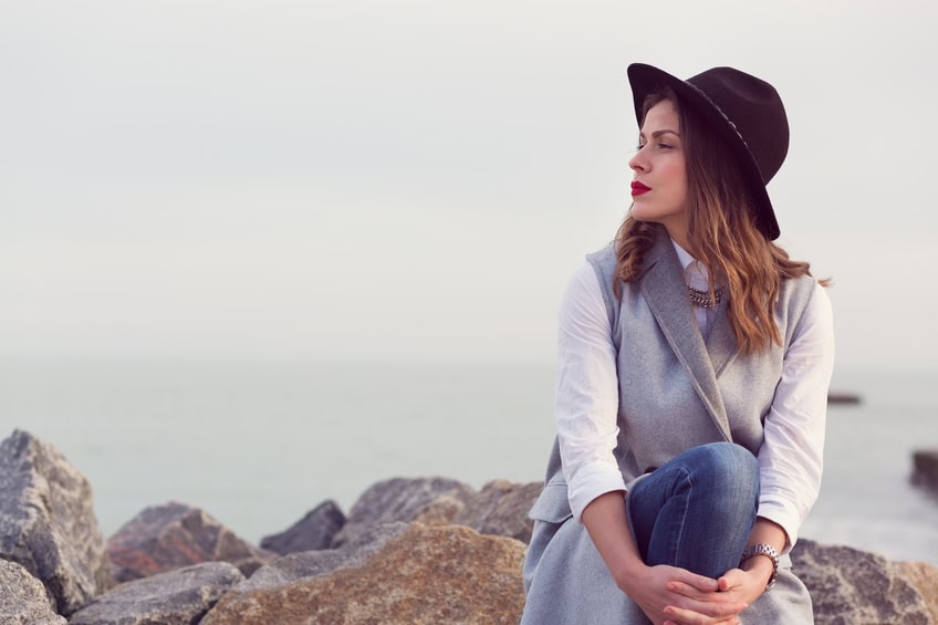 woman style sea outdoors serious portrait