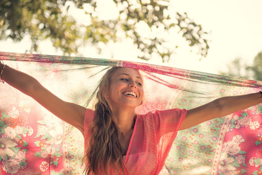 happy beautiful woman sunshine trees outdoors