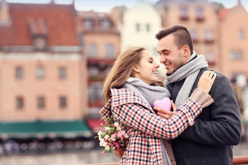 Romantic couple on Valentine's Day in the city