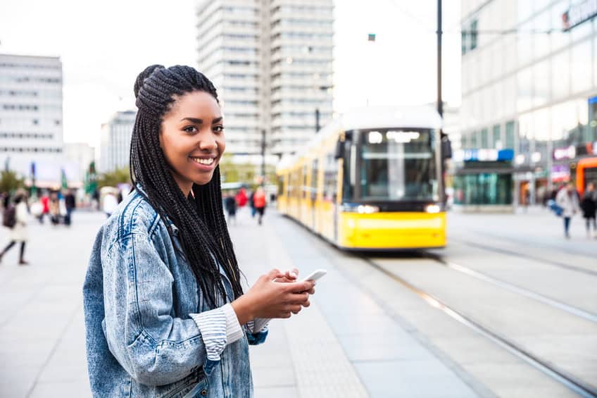 woman train city commuter portrait