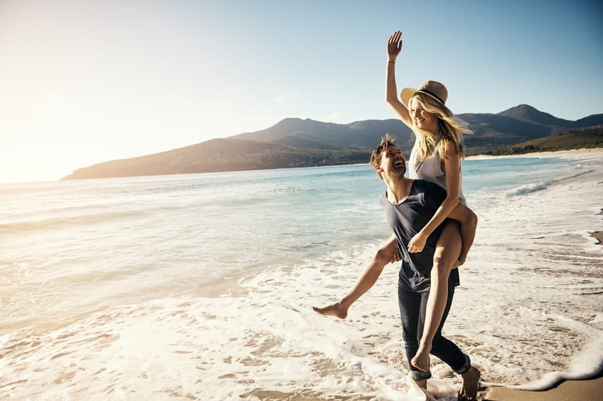 couple beach happy vacation love