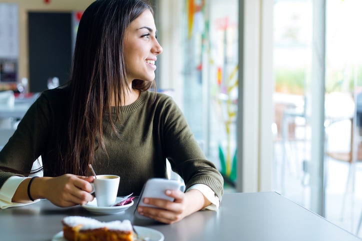 Portrait of beautiful girl using her mobile phone in cafe.