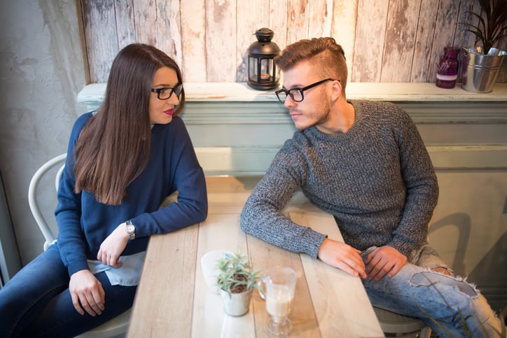young hipster couple with glasses in a restaurant