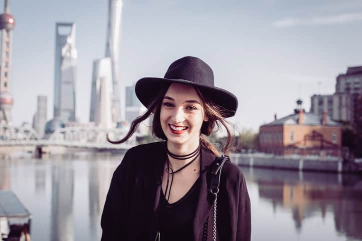happy smiling girl city outdoors fashion