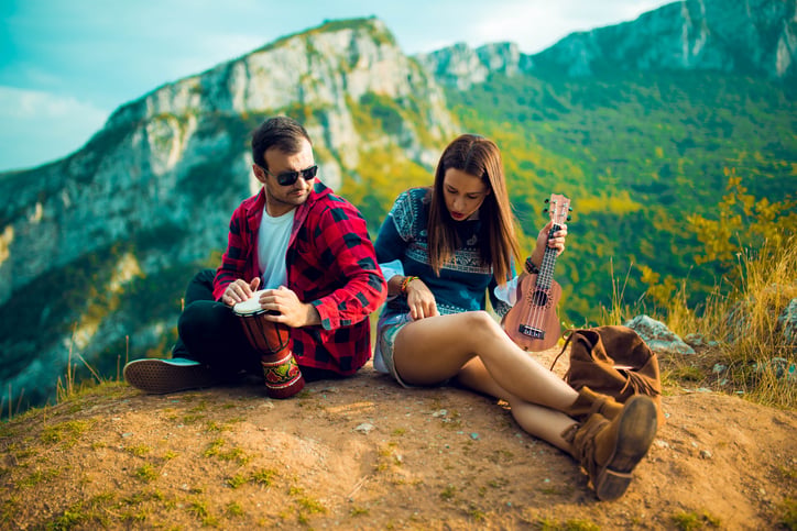 young couple mountain hike romance date