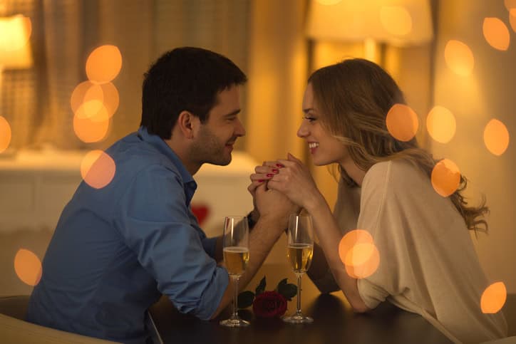 Beautiful couple sitting at the table indoors.
