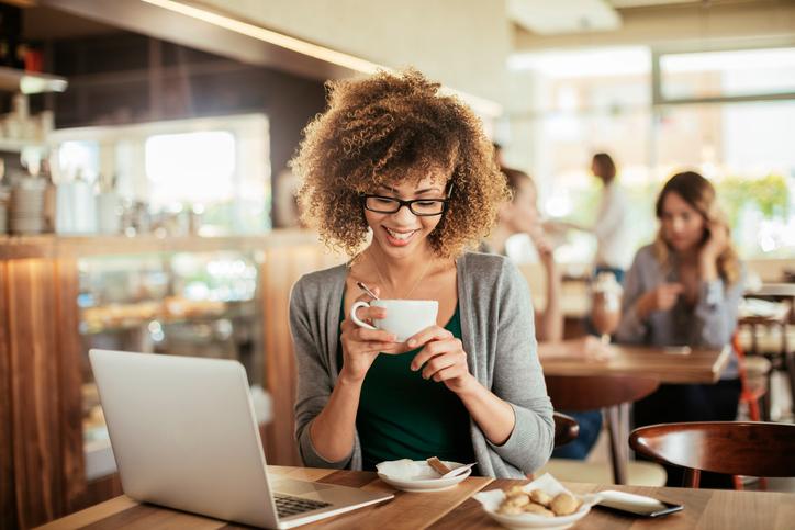 Photo of a young woman enjoying morning coffee in cafe