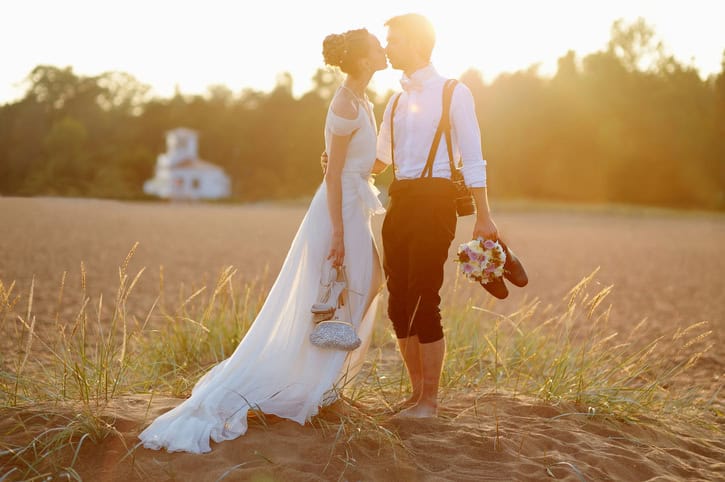 Happy bride and groom on a beautiful beach.