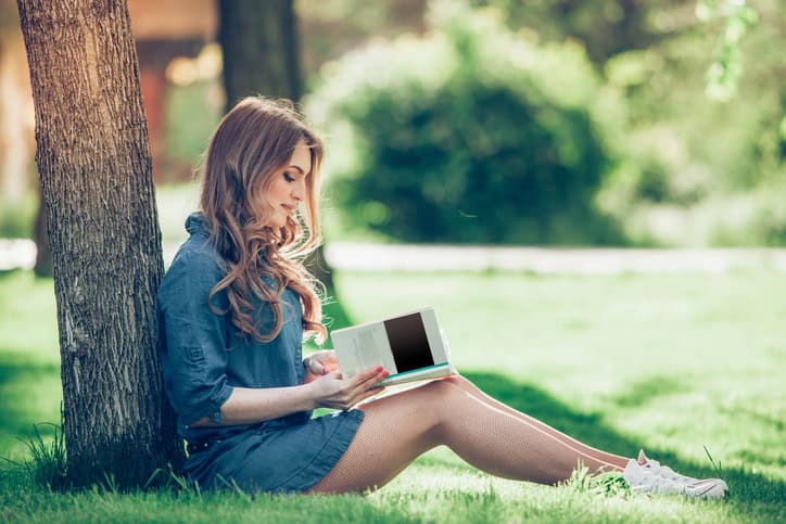 Girl reading a book in park, woman, green