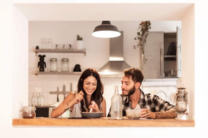 couple kitchen romance dating love