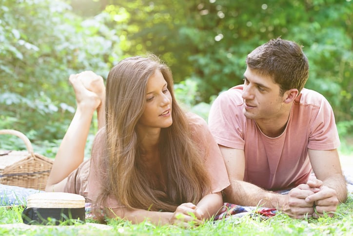 Fresh Love Couple Lying Together Outdoor Picnic Blanket