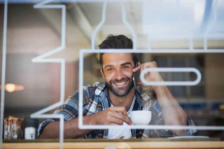 Staying connected during his coffee break