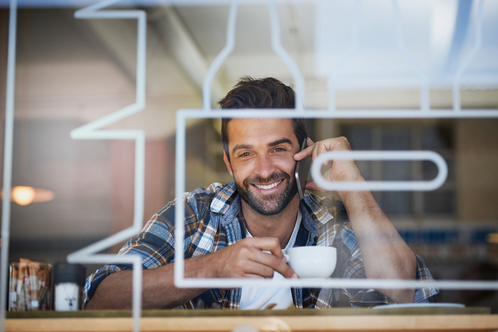 Staying connected during his coffee break