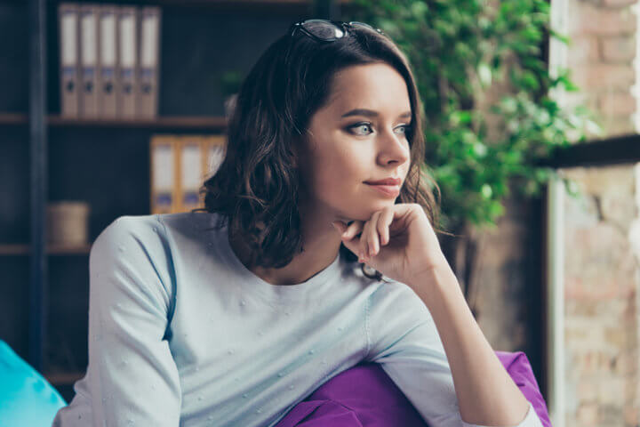 Close-up profile side view portrait of nice cute attractive char